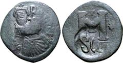 Byzantine Heraclius Æ 40 Nummi. Sicilian mint, circa AD 620. Crowned half-length bust of Heraclius facing, wearing paludamentum and cuirass, monogram to right; all within shallow circular incuse count