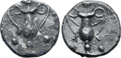 Greek Calabria, Tarentum AR Diobol(?). 280-228 BC. Cantharus, three pellets around / Cantharus, three pellets around. HN Italy 1076 (obol); Vlasto 1620-39 (obol); HGC 1, 927 (obol). 0.94g, 10mm. Near 
