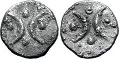 Greek Calabria, Tarentum AR Obol(?). 280-228 BC. Two crescents with four pellets between / Two crescents with four pellets between. Cf. HN Italy 1077 (hemiobol); Vlasto 1766-79 (hemiobol); HGC 1, 929 