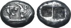 Greek Kingdom of Lydia, Kroisos AR Stater - Double Siglos. Sardes, circa 561-546 BC. Confronted foreparts of lion to right and bull to left / Two incuse squares of unequal size. GRPC Lydia S1; Berk 20