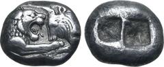 Greek Kingdom of Lydia, Kroisos AR Stater - Double Siglos. Sardes, circa 561-546 BC. Confronted foreparts of lion to right and bull to left / Two incuse squares of unequal size. GRPC Lydia S1; Berk 20