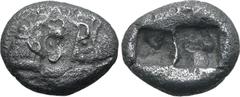 Greek Kingdom of Lydia, Kroisos AR Siglos. Sardes, circa 561-564 BC. Confronted foreparts of lion to right and bull to left / Two incuse square punches of unequal size. GRPC Lydia S3; Rosen 663-5; SNG