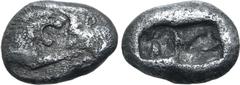 Greek Kingdom of Lydia, Kroisos AR Siglos. Sardes, circa 561-564 BC. Confronted foreparts of lion to right and bull to left / Two incuse square punches of unequal size. GRPC Lydia S3; Rosen 663-5; SNG