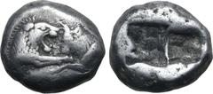 Greek Kingdom of Lydia, Kroisos AR 1/3 Stater. Sardes, circa 561-546 BC. Confronted foreparts of lion to right and bull to left / Two irregular incuse squares. GRPC Lydia S5; SNG Keckman 359; Boston M