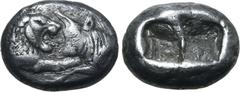 Greek Kingdom of Lydia, Kroisos AR 1/3 Stater. Sardes, circa 561-546 BC. Confronted foreparts of lion to right and bull to left / Two irregular incuse squares. GRPC Lydia S5; SNG Keckman 359; Boston M