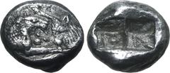 Greek Kingdom of Lydia, Kroisos AR 1/3 Stater. Sardes, circa 561-546 BC. Confronted foreparts of lion to right and bull to left / Two irregular incuse squares. GRPC Lydia S5; SNG Keckman 359; Boston M