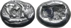 Greek Kingdom of Lydia, Kroisos AR 1/6 Stater. Sardes, circa 561-546 BC. Confronted foreparts of lion to right and bull to left / Two irregular incuse squares. GRPC Lydia S6; Rosen 667; SNG Kayhan 101