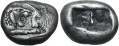 Greek Kingdom of Lydia, Kroisos AR 1/6 Stater. Sardes, circa 561-546 BC. Confronted foreparts of lion to right and bull to left / Two irregular incuse squares. GRPC Lydia S6; Rosen 667; SNG Kayhan 101