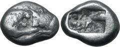 Greek Kingdom of Lydia, Kroisos AR 1/6 Stater. Sardes, circa 561-546 BC. Confronted foreparts of lion to right and bull to left / Two irregular incuse squares. GRPC Lydia S6; Rosen 667; SNG Kayhan 101