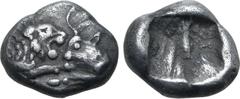 Greek Kingdom of Lydia, Kroisos AR 1/24 Stater. Sardes, circa 561-546 BC. Confronted foreparts of lion to right and bull to left / Incuse punch. GRPC Lydia S10; SNG Tübingen 3652-3. 0.42g, 7mm. Good V