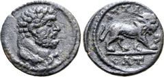 Greek Lydia, Attaleia Æ 14mm. Pseudo-autonomous issue, 30 BC-276 AD. Bearded bust of Herakles to right, lion skin tied around neck / ATTAΛEAT[Ω], lion walking to right. GRPC Lydia 2; BMC 15 var. (lion