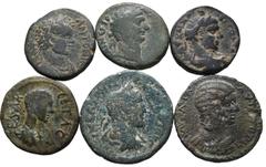 Roman Provincial Lot of 6 Roman Provincial and Judaean Æ Coins. Includes: 1. Judaea. Trajan Æ 23mm of Tiberias Claudiopolis. Dated CY 81 = 98/9 CE. [ΑΥΤ ΚΑ]Ι ΝЄΡ ΤΡ[ΑΙΑΝΟС СЄΒ ΓЄΡ], laureate head to r