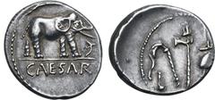 Roman Imperatorial Julius Caesar AR Denarius. Military mint travelling with Caesar, 49-48 BC. Elephant advancing to right, trampling on serpent; CAESAR in exergue / Emblems of the pontificate: simpulu