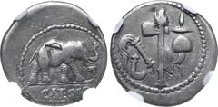 Roman Imperatorial Julius Caesar AR Denarius. Military mint travelling with Caesar, 49-48 BC. Elephant advancing to right, trampling on serpent; CAESAR in exergue / Emblems of the pontificate: simpulu