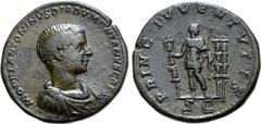 Roman Imperial Diadumenian, as Caesar, Ӕ Sestertius. Rome, AD 217-218. M OPEL ANTONINVS DIADVMENIANVS CAES, bare-headed, draped and cuirassed bust to right / PRINC IVVENTVTIS, Prince standing facing, 