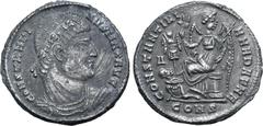 Roman Imperial Constantine I 'the Great' BI Nummus. Constantinople, AD 328. CONSTANTINVS MAX AVG, rosette-diademed, draped and cuirassed bust to right / CONSTANTINIANA DAFNE, Victory seated to left on