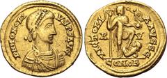 Maritime Honorius AV Solidus. Ravenna, AD 402-406. D N HONORIVS P F AVG, pearl-diademed, draped and cuirassed bust to right / VICTORIA AVGGG, emperor standing facing, head to right, holding standard a