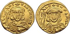 Byzantine Constantine V Copronymus, with Leo III, AV Solidus. Constantinople, AD 745-750. C LЄON PA MЧL, crowned and draped bust of Leo facing, holding cross potent and akakia / C CONSƮANƮINЧSNC, crow