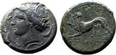 Greek Sicily, Kentoripai Æ 32mm. Circa 339-330 BC. Wreathed head of Persephone to left; four dolphins around / Panther standing to left, raising forepaw; ΚΕΝΤΟΡΙΠΙΝΩΝ in exergue. Castrizio Series I, 1