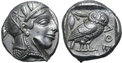 Greek Attica, Athens AR Tetradrachm. Circa 460-454 BC. Late "transitional" issue. Head of Athena to right, wearing crested Attic helmet ornamented with three olive leaves above visor and spiral palmet