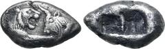 Greek Kingdom of Lydia, Kroisos AR Siglos. Sardes, circa 561-564 BC. Confronted foreparts of lion to right and bull to left / Two incuse square punches of unequal size. GRPC Lydia S3; Rosen 663-5; SNG