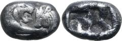 Greek Kingdom of Lydia, Kroisos AR 1/3 Stater. Sardes, circa 561-546 BC. Confronted foreparts of lion to right and bull to left / Two irregular incuse squares. GRPC Lydia S5; SNG Keckman 359; Boston M
