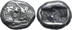 Greek Kingdom of Lydia, Kroisos AR 1/6 Stater. Sardes, circa 561-546 BC. Confronted foreparts of lion to right and bull to left / Two incuse square punches of unequal size. GRPC Lydia S6; Rosen 667; S