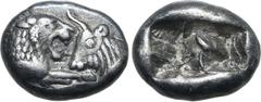 Greek Kingdom of Lydia, Kroisos AR 1/6 Stater. Sardes, circa 561-546 BC. Confronted foreparts of lion to right and bull to left / Two incuse square punches of unequal size. GRPC Lydia S6; Rosen 667; S