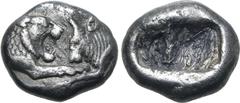 Greek Kingdom of Lydia, Kroisos AR 1/6 Stater. Sardes, circa 561-546 BC. Confronted foreparts of lion to right and bull to left / Two incuse square punches of unequal size. GRPC Lydia S6; Rosen 667; S