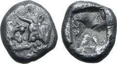 Greek Kingdom of Lydia, Kroisos AR 1/12 Stater. Sardes, circa 561-546 BC. Confronted foreparts of lion to right and bull to left / Incuse square. GRPC Lydia S8; SNG Kayhan 1020-21; SNG von Aulock 2880