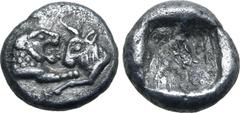 Greek Kingdom of Lydia, Kroisos AR 1/24 Stater. Sardes, circa 561-546 BC. Confronted foreparts of lion to right and bull to left / Incuse punch. GRPC Lydia S9; Berk -; Traité -; SNG Kayhan 1022; Klein