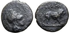 Greek Cyprus, Salamis Æ 15mm. Euagoras I, circa 411-374 BC. Head of Athena to right, wearing crested helmet / Lion standing to right; EYA and sunburst above. Tziambazis suppl. 33; BMC pl. xxiv, 15. 2.