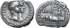 Roman Imperial Nero, with Agrippina II (mother of Nero), AR Denarius. Rome, AD 55. NERO CLAVD [DIVI F CAES] AVG GERM IMP TR P COS, jugate busts to right of Nero, bareheaded with slight drapery over sh