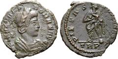 Roman Imperial Theodora (deceased wife of Constantius I) Ӕ 17mm. Treveri, AD 337-340. FL MAX THEODORAE AVG, laureate and draped bust to right / PIETAS [ROMANA], Pietas standing facing, head to right, 