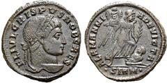 Roman Imperial Crispus, as Caesar, BI Nummus. Sirmium, AD 324-325. FL IVL CRISPVS NOB CAES, laureate head to right / ALAMANNI A DEVICTA, Victory standing facing, head to right, with trophy and palm br