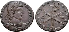 Roman Imperial Constantius II BI Centenionalis. Treveri, circa late June - early September AD 353. D N CONSTANTIVS P F AVG, pearl-diademed, draped and cuirassed bust to right / SALVS AVG NOSTRI, Chi-R