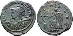 Probus Probus BI Antoninianus. Siscia, AD 277. IMP C M AVR PROBVS P F AVG, radiate, helmeted and cuirassed bust to left, holding spear and shield / SALVS AVG, Salus seated to left, feeing serpent risi