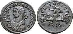 Probus Probus BI Antoninianus. Serdica, AD 277. IMP C M AVR PROBVS P AVG, radiate and mantled bust to left, holding eagle-tipped sceptre / SOLI INVICTO, Sol in spread quadriga, holding whip. RIC V.2 8