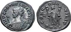 Probus Probus BI Antoninianus. Ticinum, AD 281. IMP C PROBVS AVG CONS IIII, radiate and mantled bust to left, holding eagle-tipped sceptre / CONCORD MILIT, Concordia standing facing, head to left, hol