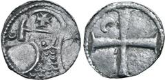 Medieval and World Crusader States, Antioch (Principality). Bohémond III BI Denier. 1163-1201. Bust to left, wearing helmet and chain mail armour; crescent to left, five-pointed star to right / Cross 