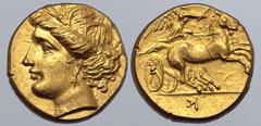 Greek North Africa, Carthage AV Hemistater. Occupation of Hannibal. 216-211 BC. Head of Tanit or Ceres to left, wearing corn wreath / Nike driving biga to right, holding goad; retrograde K in exergue.