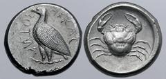 Greek Sicily, Akragas AR Tetradrachm. Circa 460-450/445 BC. Sea eagle standing to left, with wings closed; AKPACANTOΣ (partially retrograde) around / Crab within shallow incuse circle. Westermark, Coi