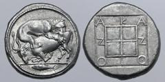 Greek Macedon, Akanthos AR Tetradrachm. Circa 470-430 BC. Bull collapsing to left, head half-facing, attacked and mauled by lion upon his back to right; tunny fish to left in exergue / ΑΚΑΝΘΙΟΝ around