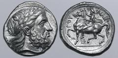 Greek Kingdom of Macedon, Philip II AR Tetradrachm. Amphipolis, circa 355-348 BC. Laureate head of Zeus to right / ΦΙΛΙΠΠΟΥ, Philip on horseback to left, raising hand; M below raised foreleg, trident 