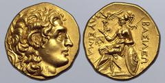 Greek Kings of Thrace, Lysimachos AV Stater. Uncertain mint, 306-280 BC. Diademed head of the deified Alexander to right, wearing horn of Ammon / Athena Nikephoros enthroned to left, resting elbow on 