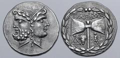 Greek Islands off Troas, Tenedos AR Tetradrachm. Circa 160-70 BC. Janiform head of a laureate bearded male to left and female to right, wearing stephanos / Labrys; TENEΔIΩN above, handle flanked by mo