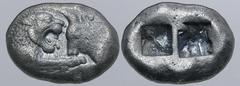 Greek Kingdom of Lydia, Kroisos AR Stater - Double Siglos. Sardes, circa 561-546 BC. Confronted foreparts of lion to right and bull to left / Two incuse squares of unequal size. GRPC Lydia S1; Berk 20