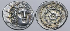 Greek Rhodos, Rhodes AR Drachm. Circa 88 BC - AD 14. Aineas, magistrate. Radiate head of Helios facing slightly to right / Rose of six petals seen from above; AINEAΣ above, P-O across fields, grain ea