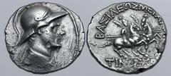 Greek Seleukid Empire, Timarchos AR Tetradrachm. Seleukia on the Tigris, circa 164-161 BC. Diademed and draped bust to right, wearing crested Boeotian helmet with scroll element / The Dioskouroi on ho