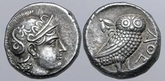Greek Baktria, 'Athenian Series' AR Tetradrachm. Uncertain mint in the Oxus region, circa 261-239/8 BC. Attic standard. Head of Athena right, wearing earring, necklace, and crested Attic helmet decora
